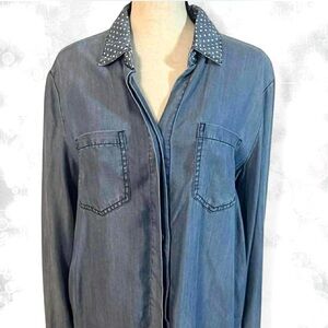 Blue Denim Long Sleeve Shirt with Polka Dot Collar